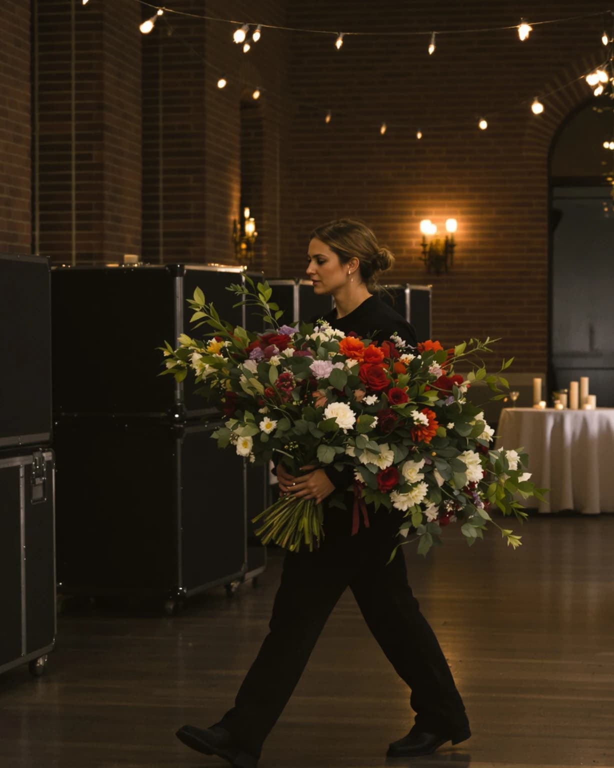 Een medewerker in het zwart draagt een groot boeket langs gesloten flightcases naar de gedekte tafels met kaarsen, in een warm verlichte bakstenen zaal.