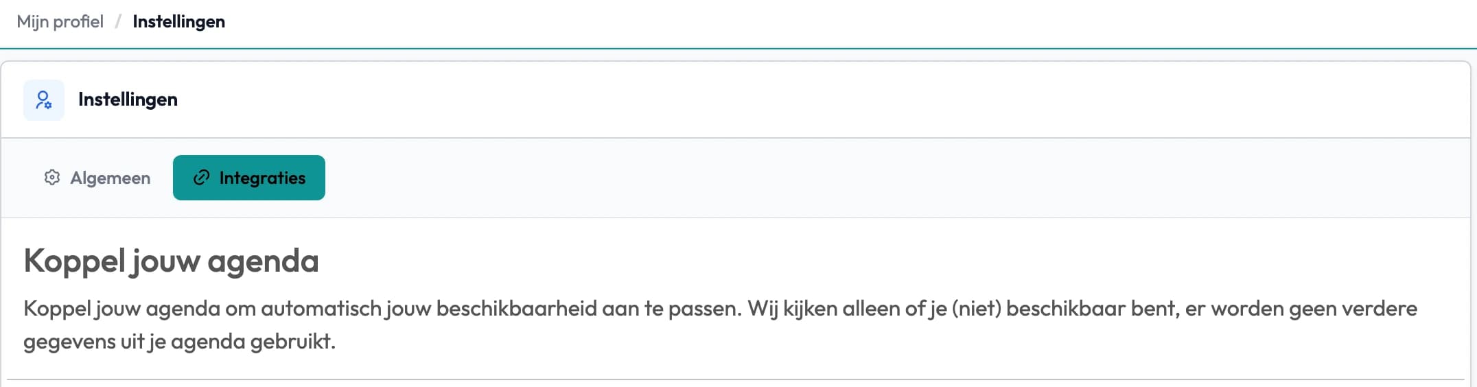 Instellingen van een medewerker in Backemp, tabblad Integraties, met het onderdeel Koppel jouw agenda.