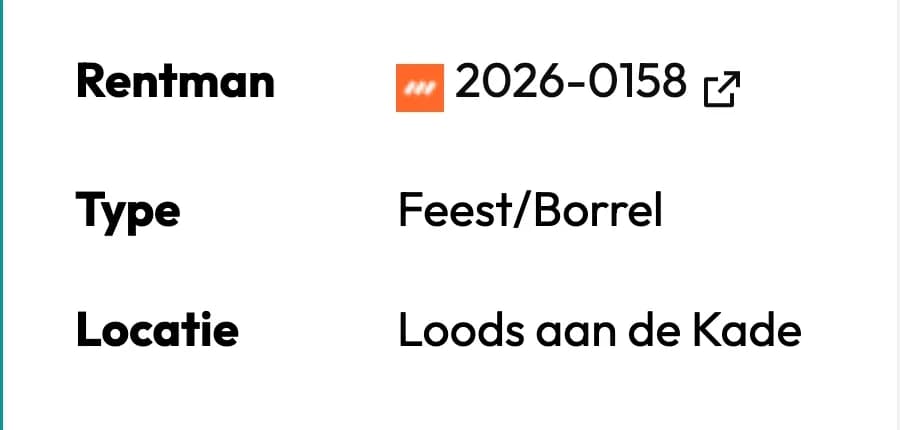 Projectgegevens in Backemp op een telefoon: Rentman 2026-0158, type Feest/Borrel, locatie Loods aan de Kade.